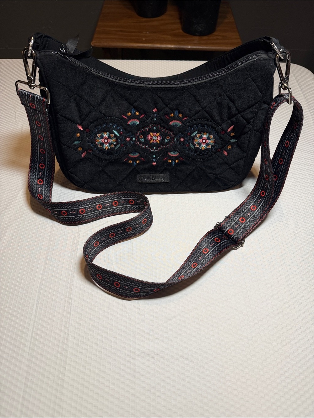 Vera Bradley Black Quilted Crossbody with Embroidered Floral Stripe